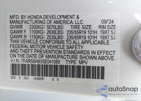 2025 Honda Cr-V Hybrid Sport Touring from USA, damaged, VIN 7FARS6H93SE041089